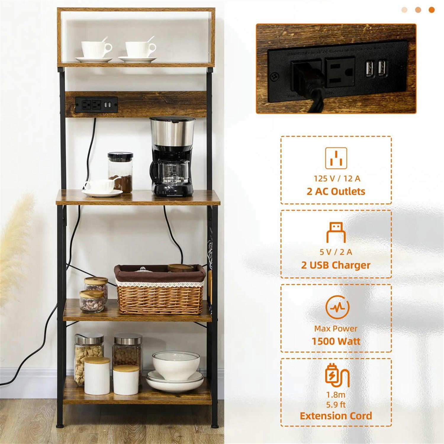 Demi Bonn 4 Tier Kitchen Island Bakers Rack with Power Outlet, USB Charger, Microwave Stand with Adjustable Shelves, 5 Hooks for Dining Room, Brown