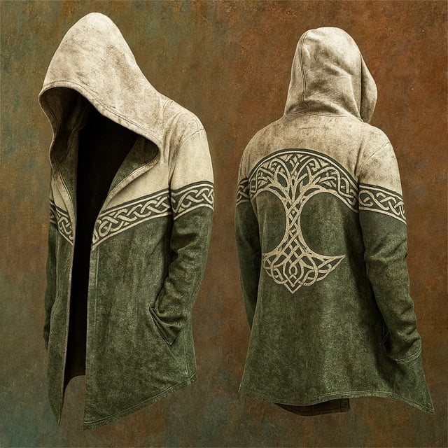 Norse Mythology Mid Length Hooded Cardigan Stylish Motorcycle Jacket Coat Design for Men