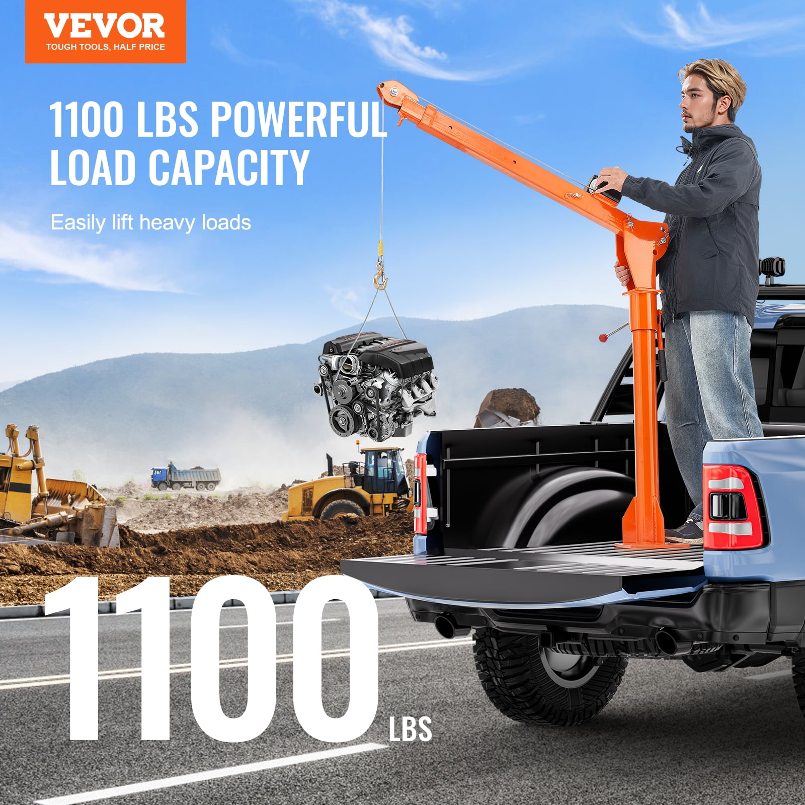 VEVOR Electric Pickup Truck Crane, 1100 lbs, Folding Truck-Mounted Bed Crane with Electric Winch 3500 lbs, Steel Pickup Truck Jib Crane Hoist 360° Swivel for Lifting Goods in Construction, Factory