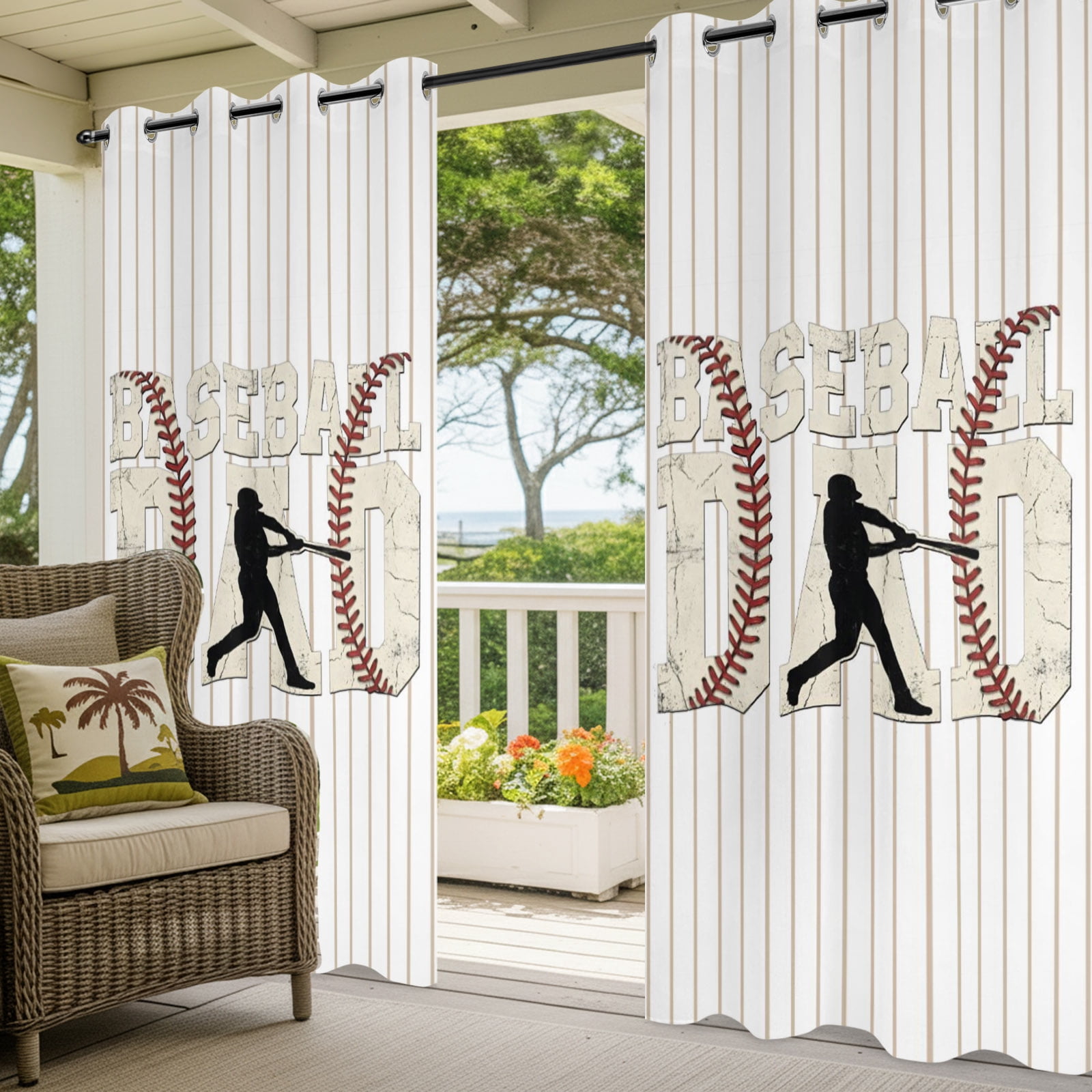 Baseball Dad Outdoor Curtains for Patio, Father's Day Strip Sport Sunshade Privacy Drapes Grommet Waterproof Outside Curtains for Porch/Cabana/Balcony 54"x 108", 1 Panel