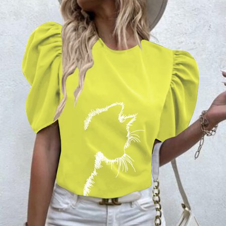 

Aumfer Crop Tops For Women Scrub Print Women Casual Short-Sleeve Printing Pleated Short Round-Neck Loose T-Shirt Blouse Tops Green