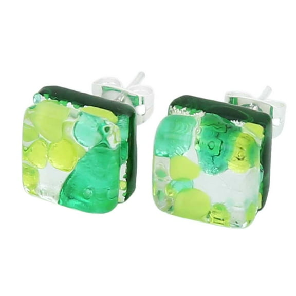 GlassOfVenice Murano Glass Venetian Reflections Square Stud Earrings - Green Silver
