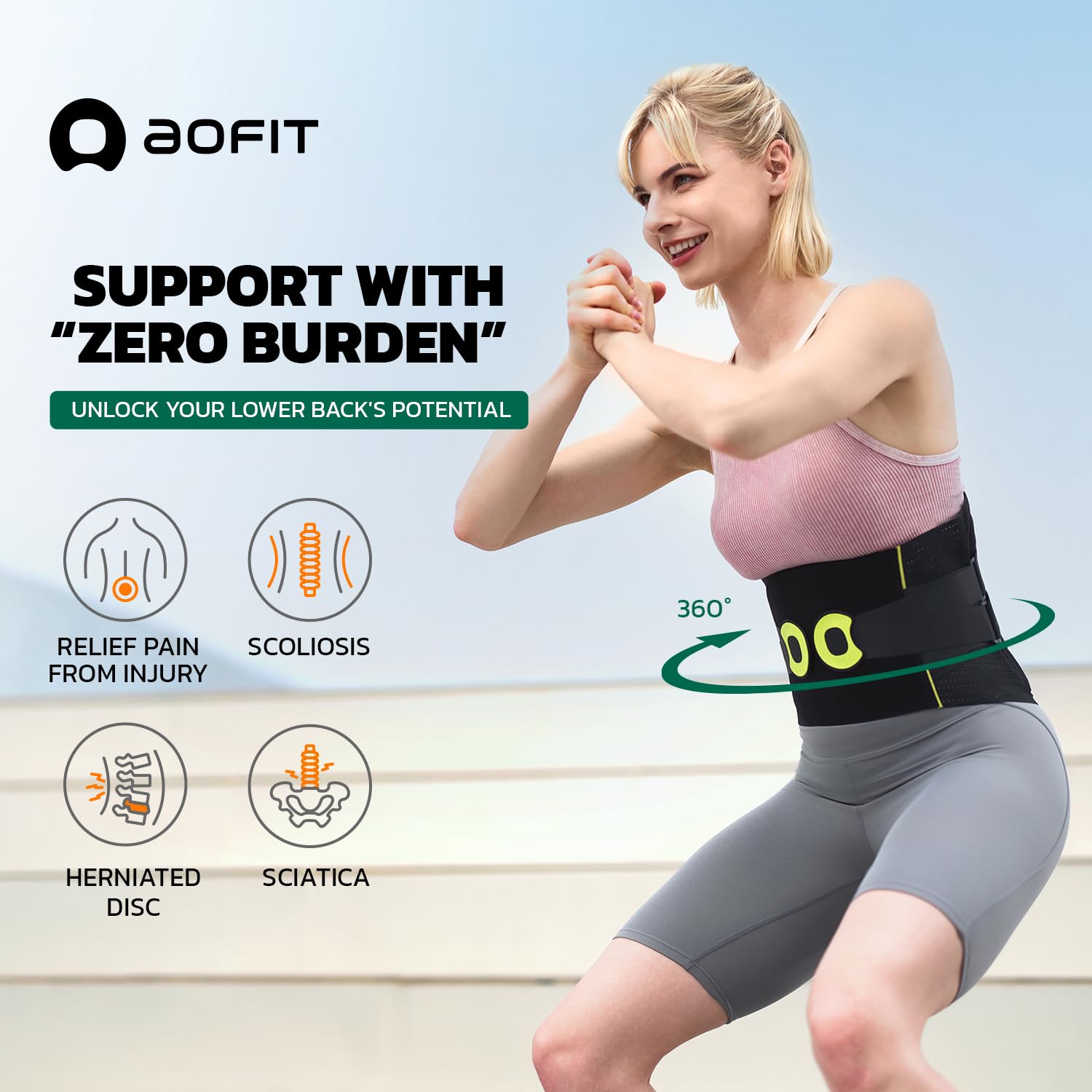 aoFIT Back Brace for Men Lower Back Pain Women Relief with 360-Degree Biochemical Hug Support Soft Breathable Fabric