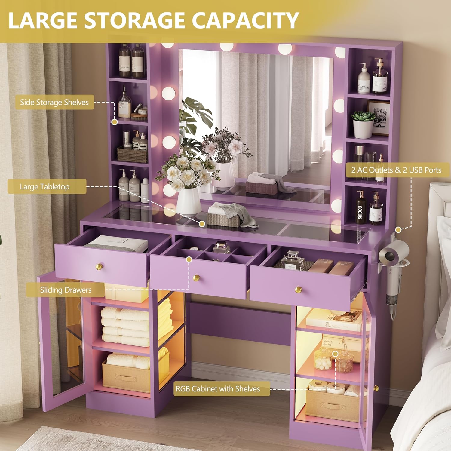 FANRAL Makeup Vanity with Mirror and Lights,Glass Top Vanity Desk with RGB Cabinets,43.5" Large Dressing Table for Women Bedroom,Purple Vanity