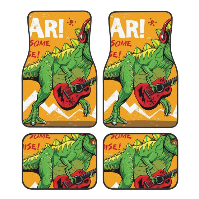Fotbe Cool Dinosaur Playing Guitar Juego de 4 Tapetes para Auto con Estampado – Alfombrillas de Goma Reforzada, Diseño Antideslizante, Protección para Todo el Año – Vehículos, Autos, Camionetas y SUVs