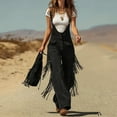 thumbnail image 5 of YueHuiYing Women's Vintage Faux Suede Fringe Wide-Leg Suspender Pants with Button Pockets Solid Color Jumpsuit Black S, 5 of 9
