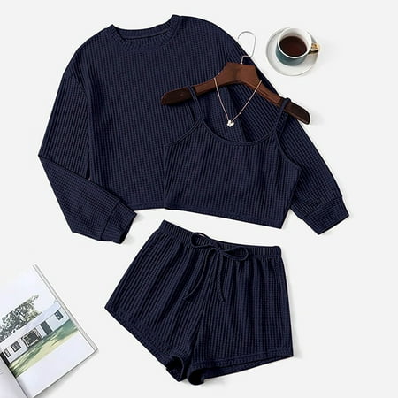 

ZHIYU Womens Pajama Pullover Casual Round Neck Long Sleeve Three Piece Loose Shorts Set