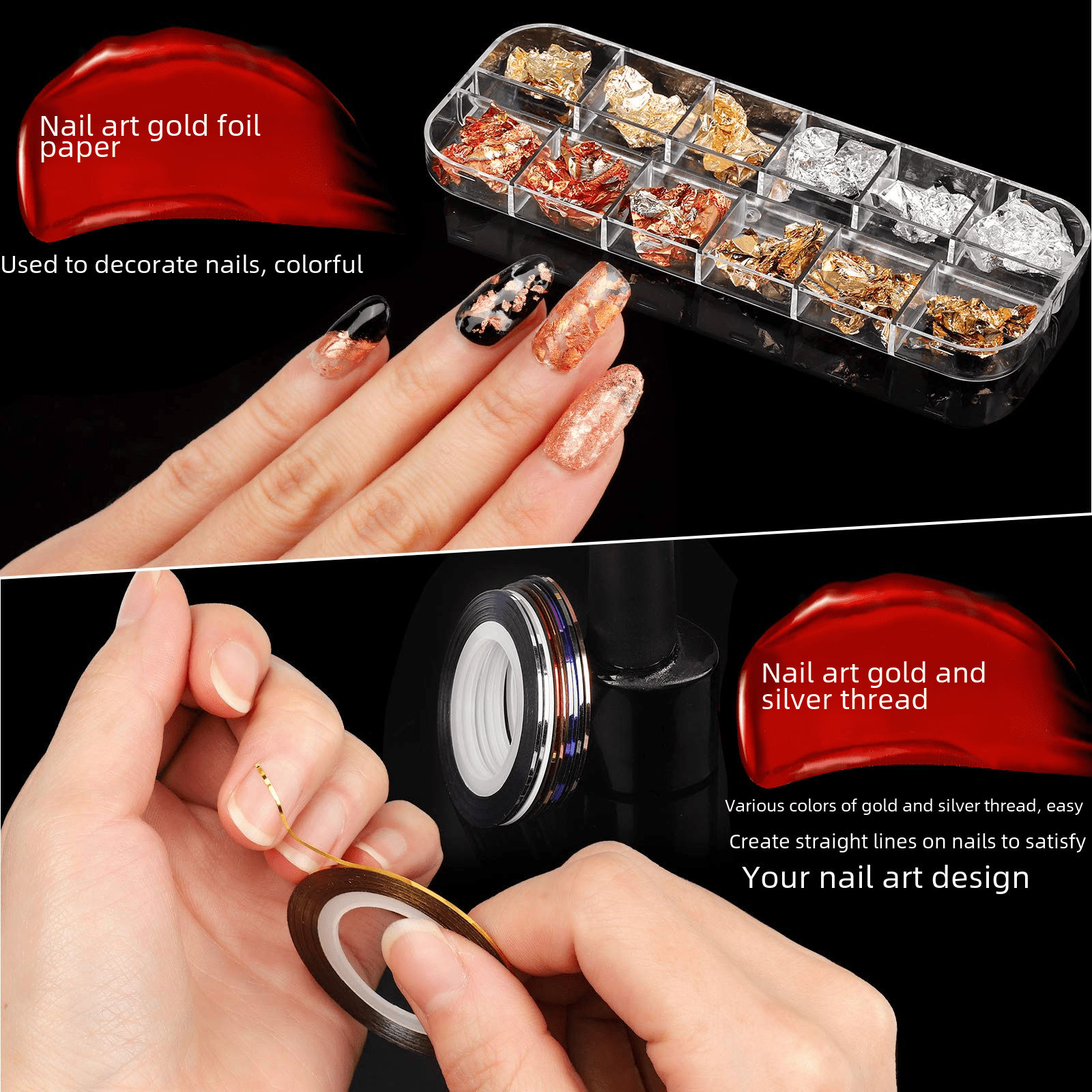 Nail Art Tools Set Nail Art Stickers Nail Art Accessories Flat Bottom Color Diamond Gold Foil Nail Art Brush Set-black