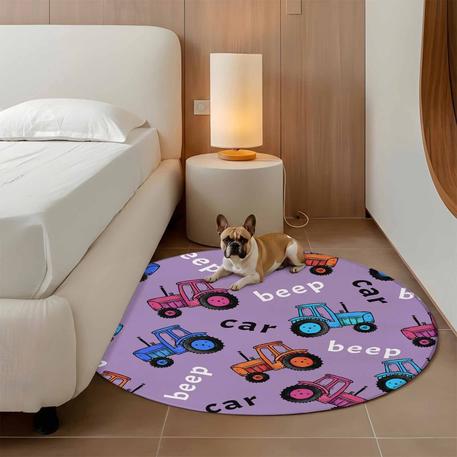 Cartoon Tractor Round Area Rug 8Ft Washable Large Circle Rugs for Living Room Dorm, Cute Beep Car Digger Shovel Truck Light Purple Non-Slip Carpet Floor Mats Indoor Outdoor Carpet Runner Home Decor