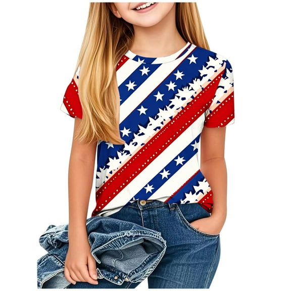 ZACPNCV Flag Shirt for Girls USA Flag T-Shirt 4th of July Shirt Patriotic Tee Tops Independence Day Clothes Blue 3-4 Years