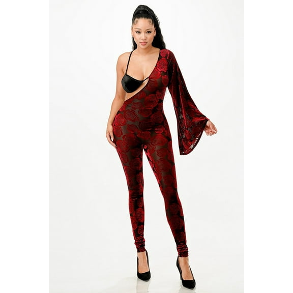 Velvet Flocking Jumpsuit/bell Sleeve Burgundy M