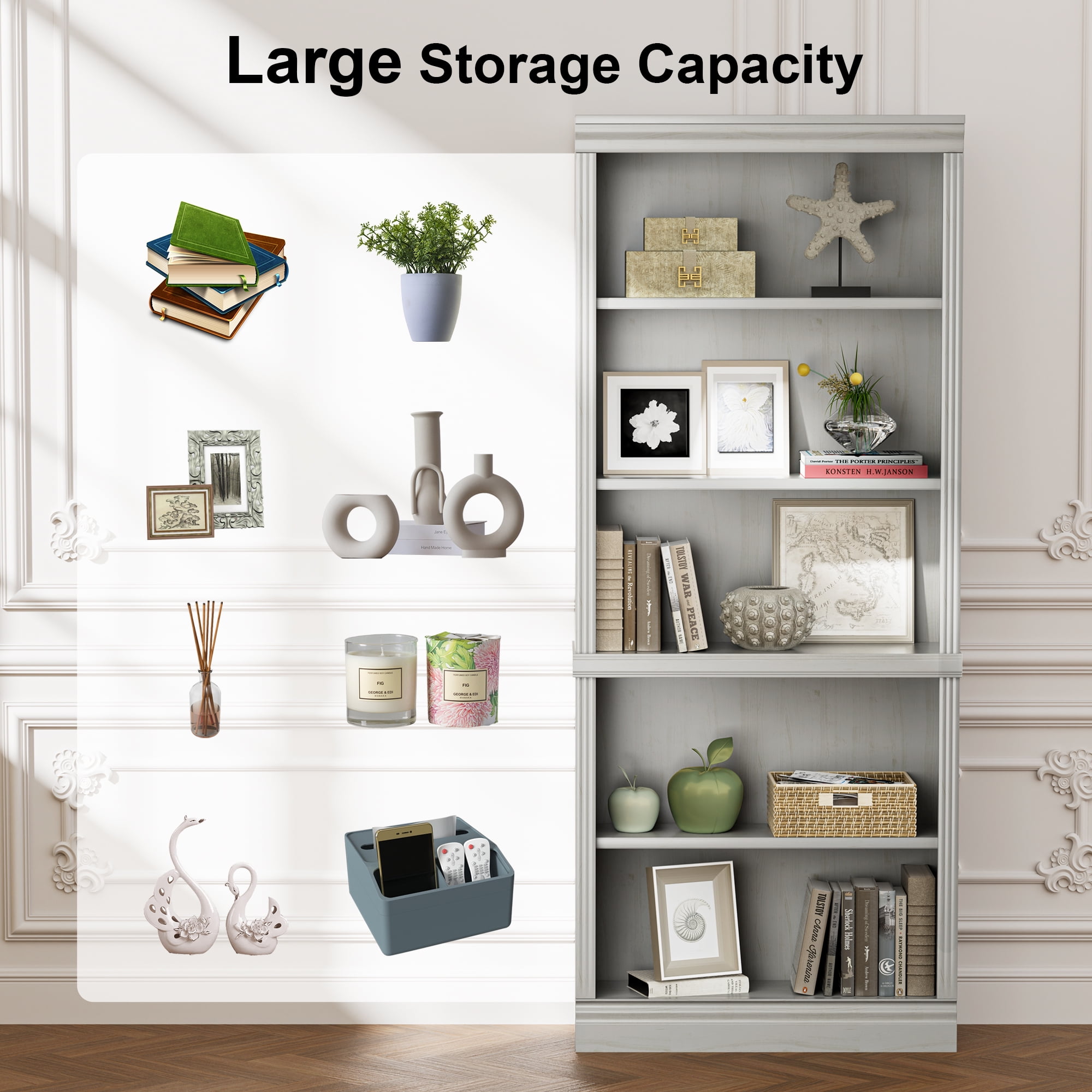 Vineego Wood Bookcase Tall Book Shelves 5 Display storage Organization Furniture for Living Room,Ivory White
