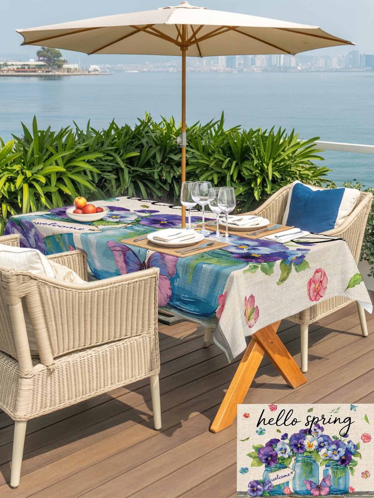 Hello Spring Outdoor Tablecloth - 52x70 Inch Rectangle Dining Table Cover, Pastoral Purple Bottle Floral Rustic Burlap Waterproof Outdoor Table Cloth with Umbrella Hole & Zipper for Picnic/Patio