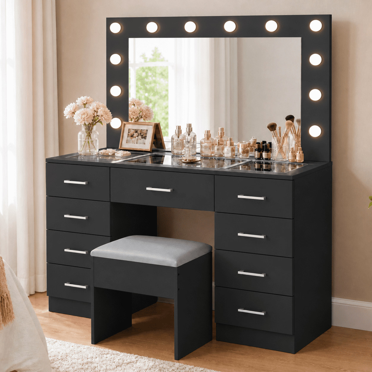 Zimtown Makeup Vanity Desk with Large Mirror & Charging Station, Vanity Table with 9 Drawers & Visible Glass Top, Bedroom Dressing Table, Black