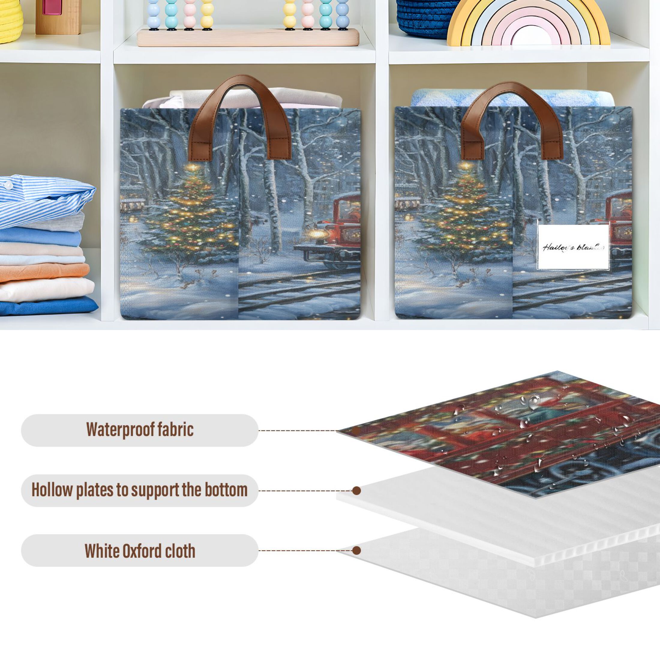Christmas Train Picture Storage Basket Soccer Plaid Fabric Hoard Box Oversized Collapsible Closet Organizer with Metal Iron Frame 16.9×11.4×10in