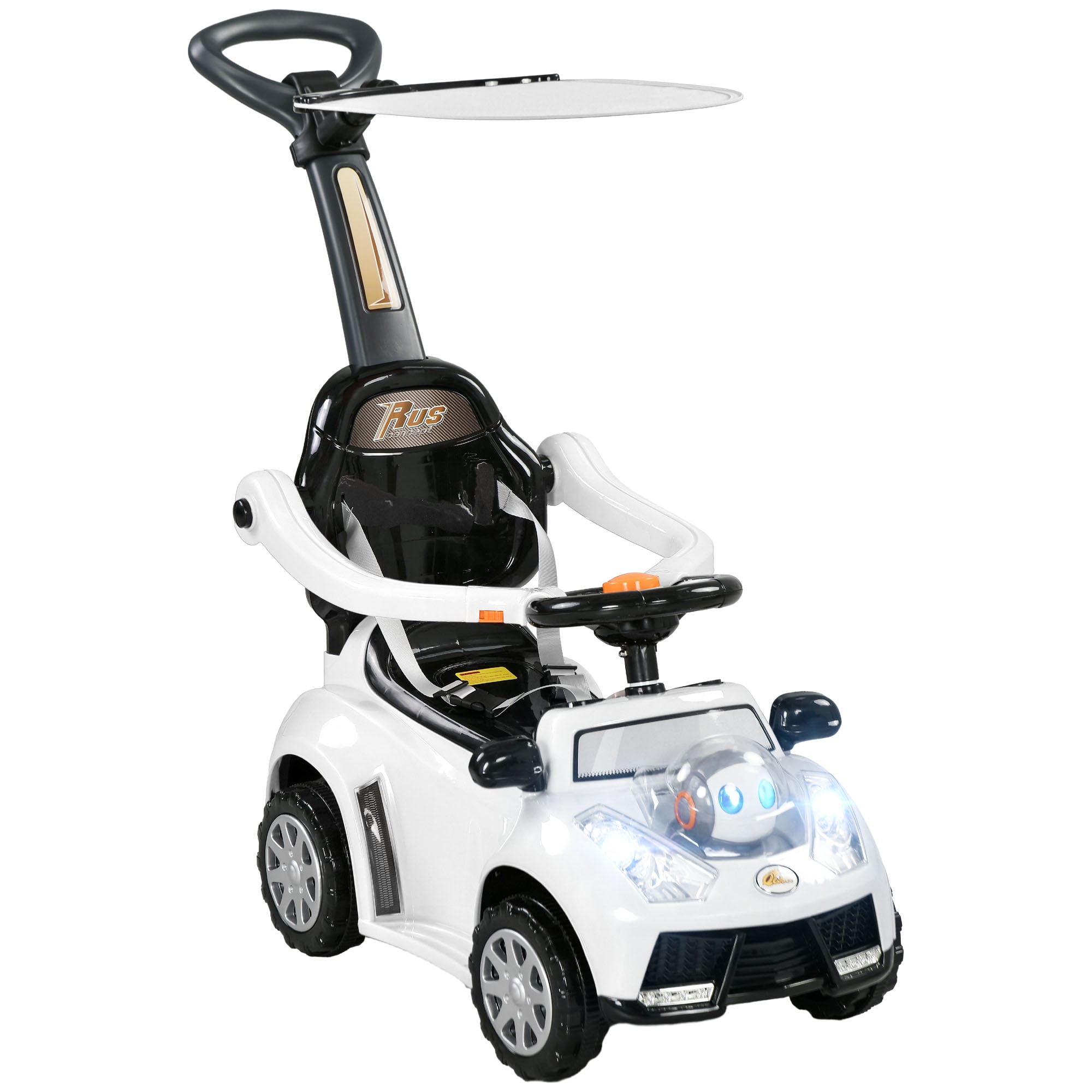 QABA Push Car 3 In 1 Kids Ride On Car Toddler Sliding Car w Music Light Foot to Floor Baby Car w Handle Removable Canopy Safety Guardrail