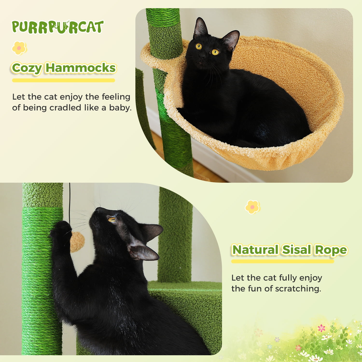 Pefilos 74" Large Cat Tree Tower for Indoor Cats, Fat Cats with Big Hammock, Cat Climbing Tree with Scratching Posts, Condo House and Top Perch, Green