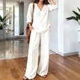 thumbnail image 6 of Zekutng Lounge Sets for Women Loose V-Neck Roll-up Sleeve Linen-Blend Shirt & Elastic Waist Wide Leg Pant Matching Set,Sizes S-3XL, 6 of 7