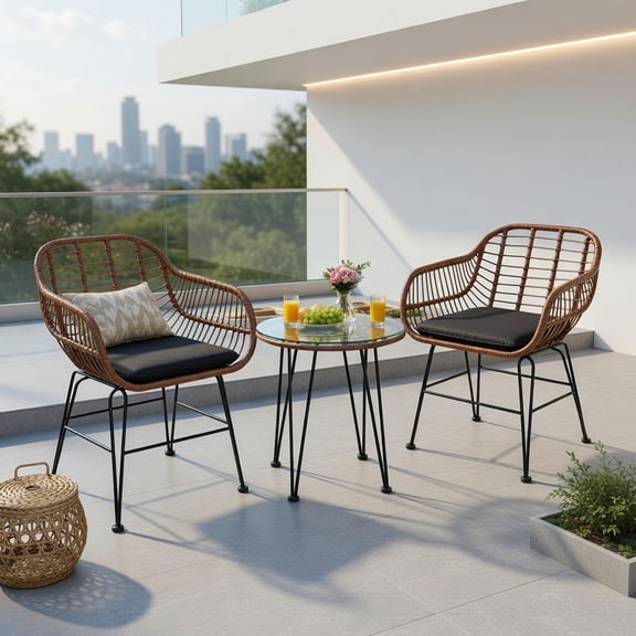 Spaco 3 Pieces Patio Rattan Bistro Set with Cushion, Patio Conversation Set for Patio, Garden, Backyard, Black