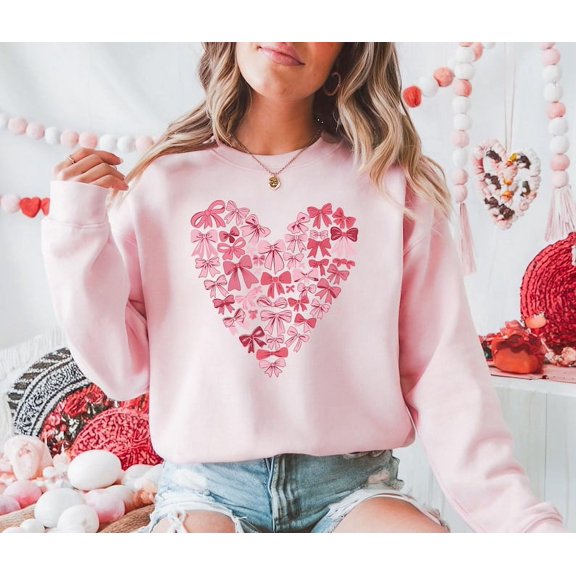 Coquette Bow Valentine's Day Shirt, Pink Bow Heart Valentine Sweatshirt, Pink Bow Valentines Day Sweatshirt, Retro Valentine Day Bow Sweatshirt