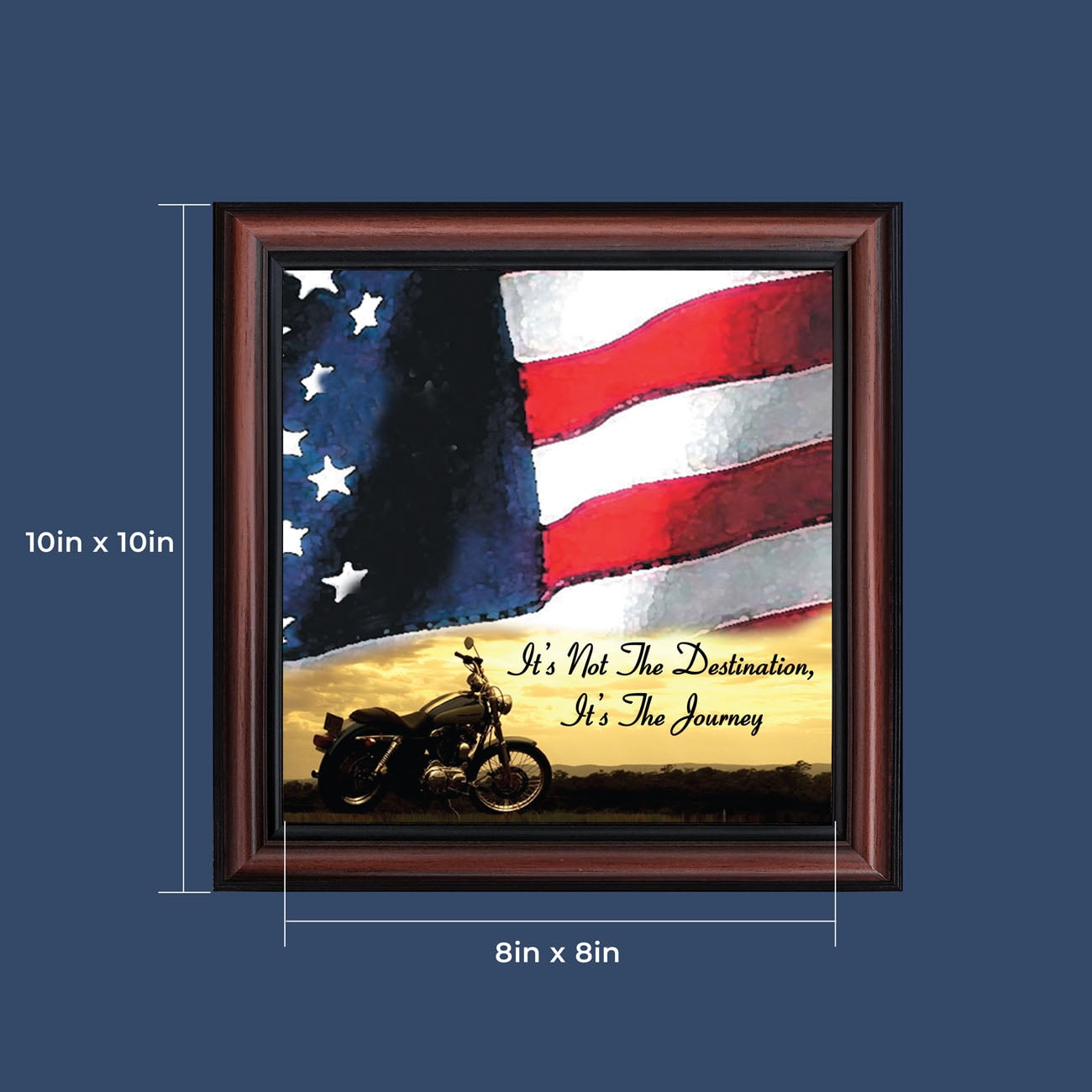 Harley Davidson Gifts for Men and Women, Patriotic Harley Accessories, Harley Davidson Wedding Gifts, Sunset American Flag for Harley Riders, "It's Not the Destination" Unique Motorcycle Decor, 8554