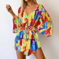 thumbnail image 2 of DHFJKG Summer Swimwear Cover-Ups Women Floral Printed Beach Vacation Clothes Batwing Long Sleeve V Neck Tie Waist Trendy Beachwear, 2 of 5
