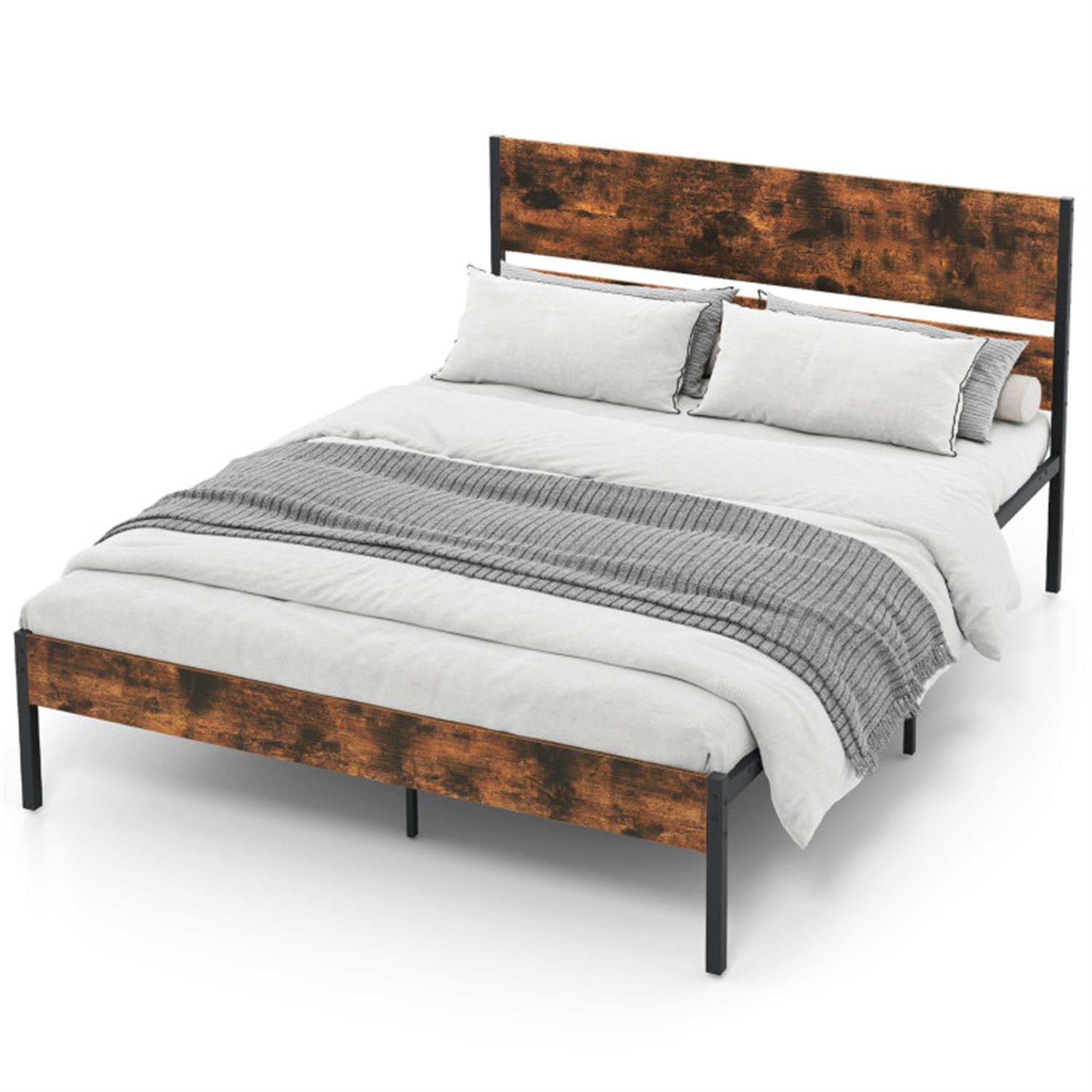 Demi Bonn Queen Size Bed Frame with Wooden Headboard and Footboard, Modern Metal Platform Bed Frame with Under Bed Storage, No Box Spring Needed, Brown