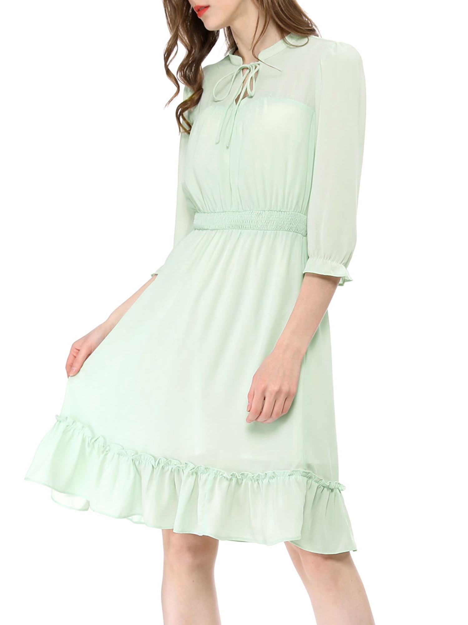 DARING DIVA Tie V Neck Chiffon 3/4 Sleeve Smocked Mini A-Line Dress M Green