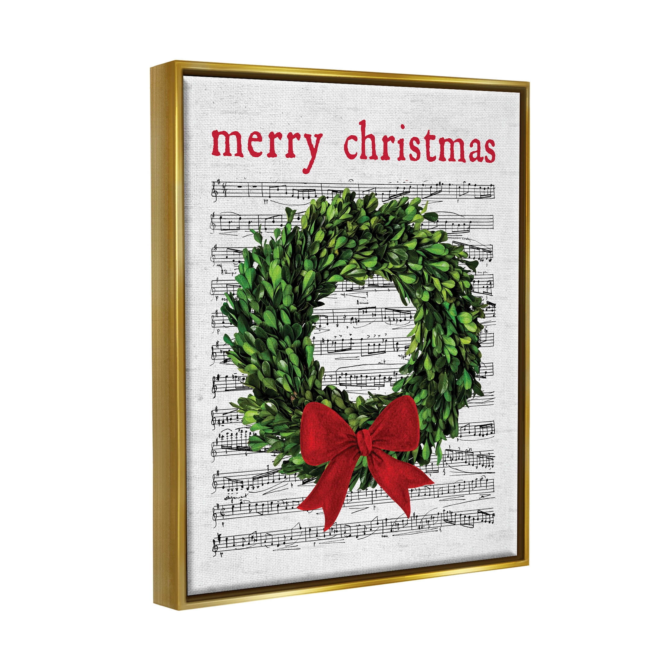 Stupell Industries Merry Christmas Song Wreath Graphic Art Metallic Gold Floating Framed Canvas Print Wall Art, Design by Lettered and Lined
