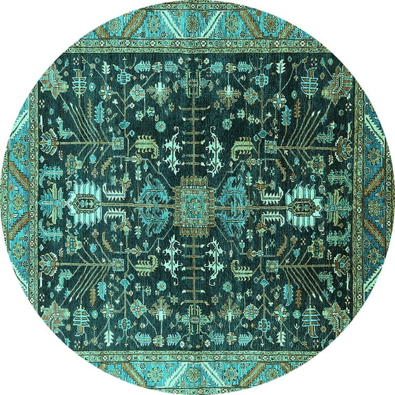 Ahgly Company Machine Washable Indoor Round Oriental Turquoise Blue Industrial Area Rugs, 3' Round