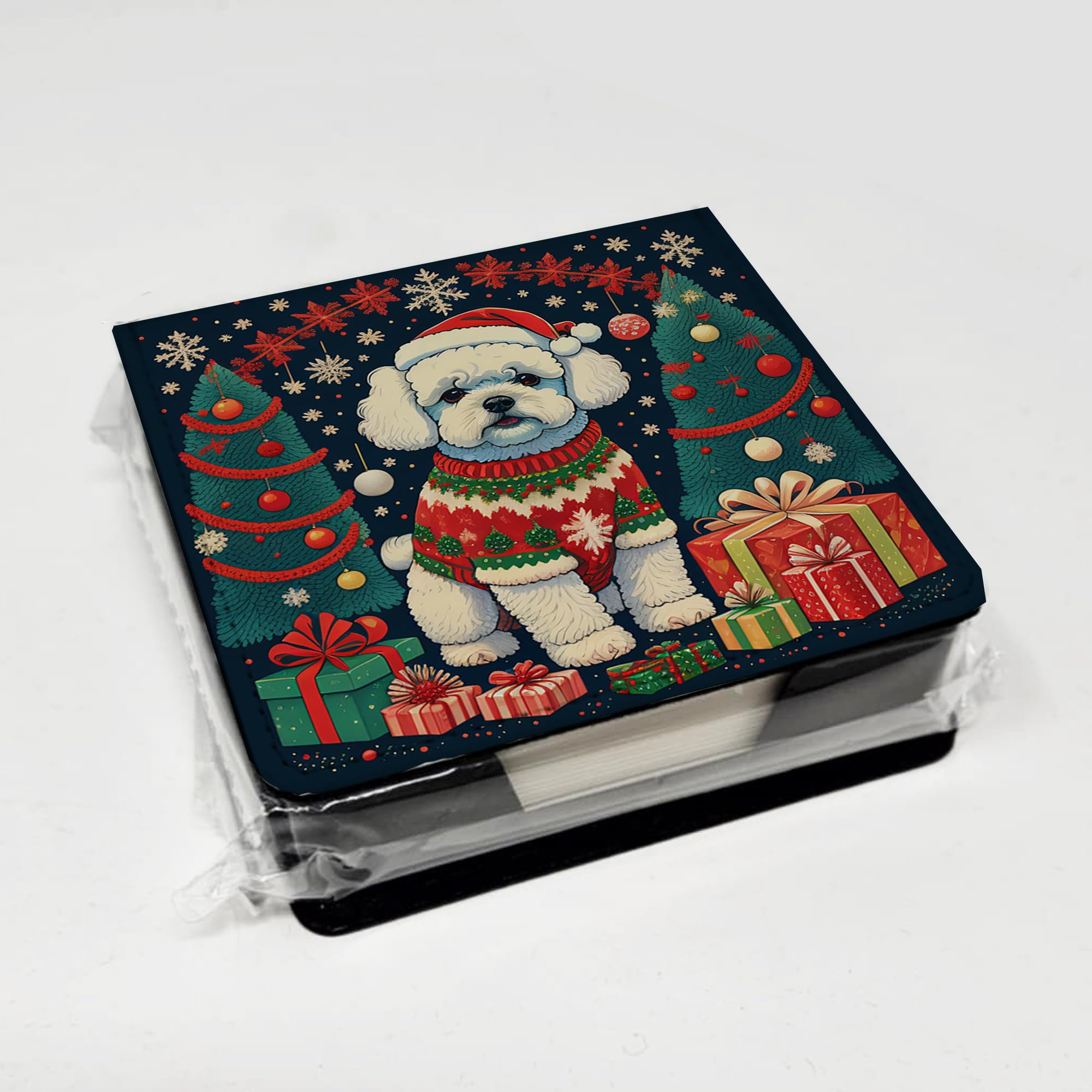 Caroline's Treasures Bichon Frise Christmas PU Leather Note Paper Holder with Artist-Designed Cover, Desk Accessory, Office Gift