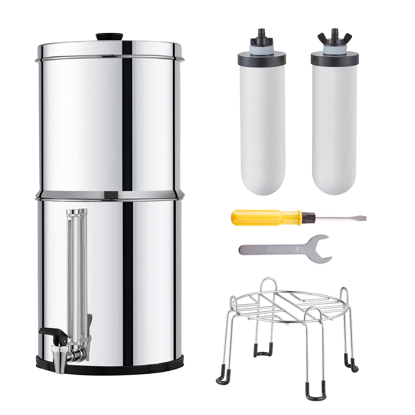 KFFKFF Water Purification Unit, Gravity-Driven, 2.25G 304 Stainless-Steel Tabletop Water Cleaner, Diminishes Lead and up to 99% of Chlorine, Includes 2 Ceramic Carbon Filters, Water Level Spigot