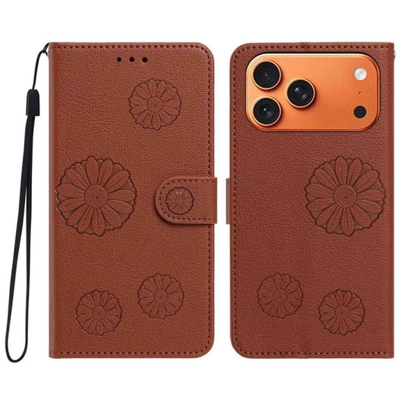 PU Leather Wallet Case for iPhone 18 Pro Max /17 Pro Max 6.9", Daisy Embossed Flip Folio Cover with Card Slots, Magnetic Closure Phone Case,Brown