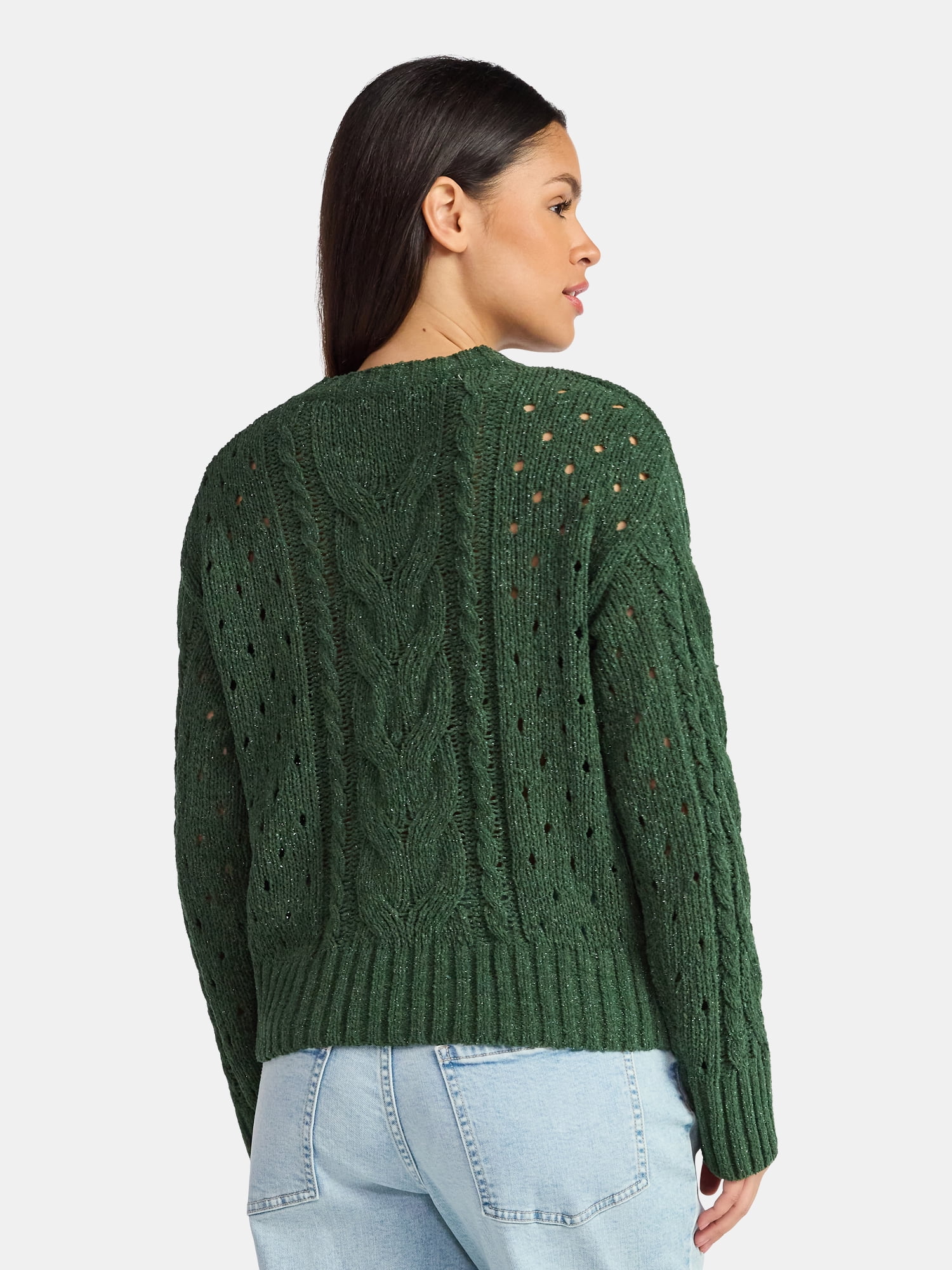 Time and Tru Women's Cable Knit Pullover Sweater with Long Sleeves, Midweight, Sizes XS-XXXL