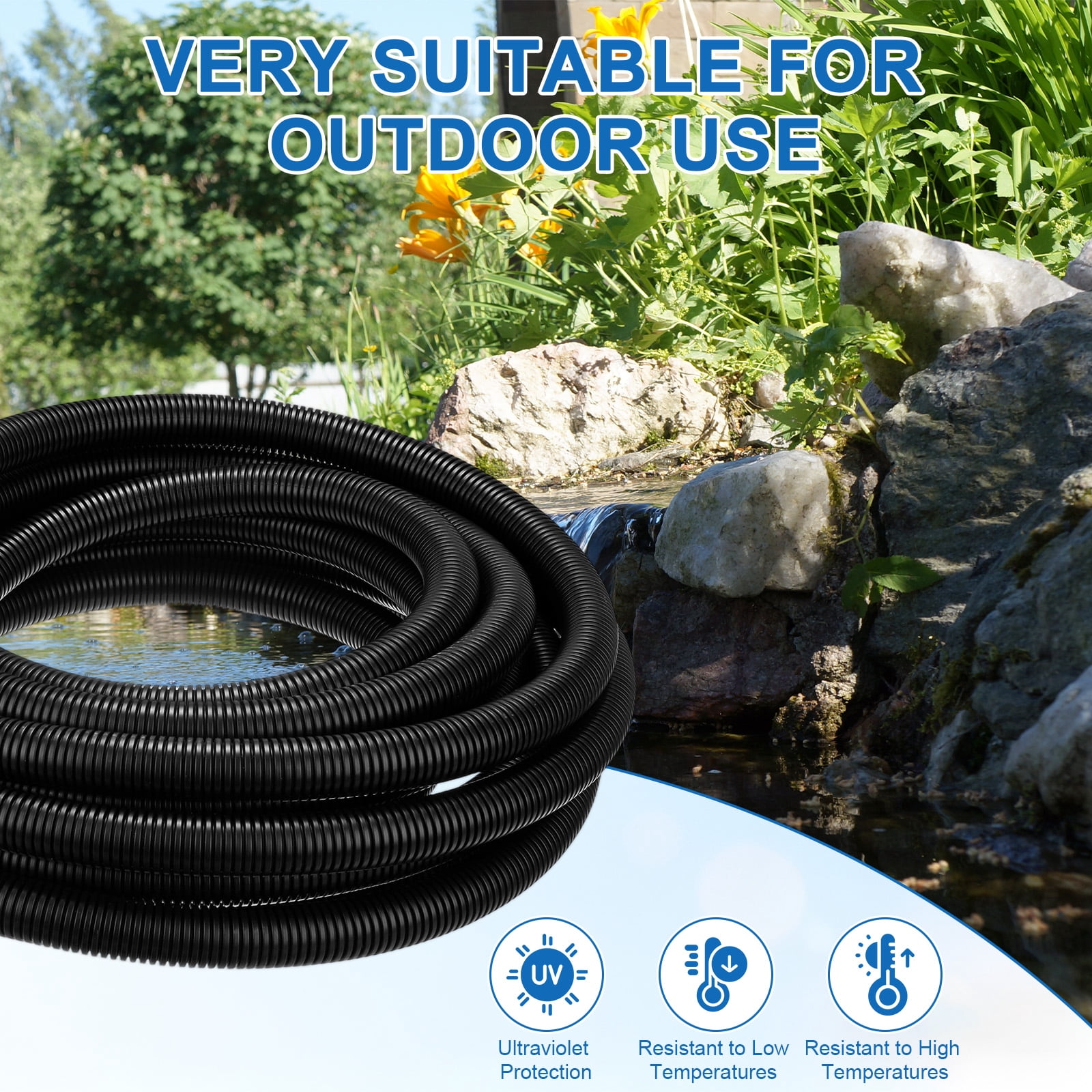 Uxcell 3/4" ID Pond Tubing, 26ft Corrugated Flexible Reinforced PP Hose Pipe Pump Tube for Garden Ponds/Waterfall Sump Pump Hose [Black]