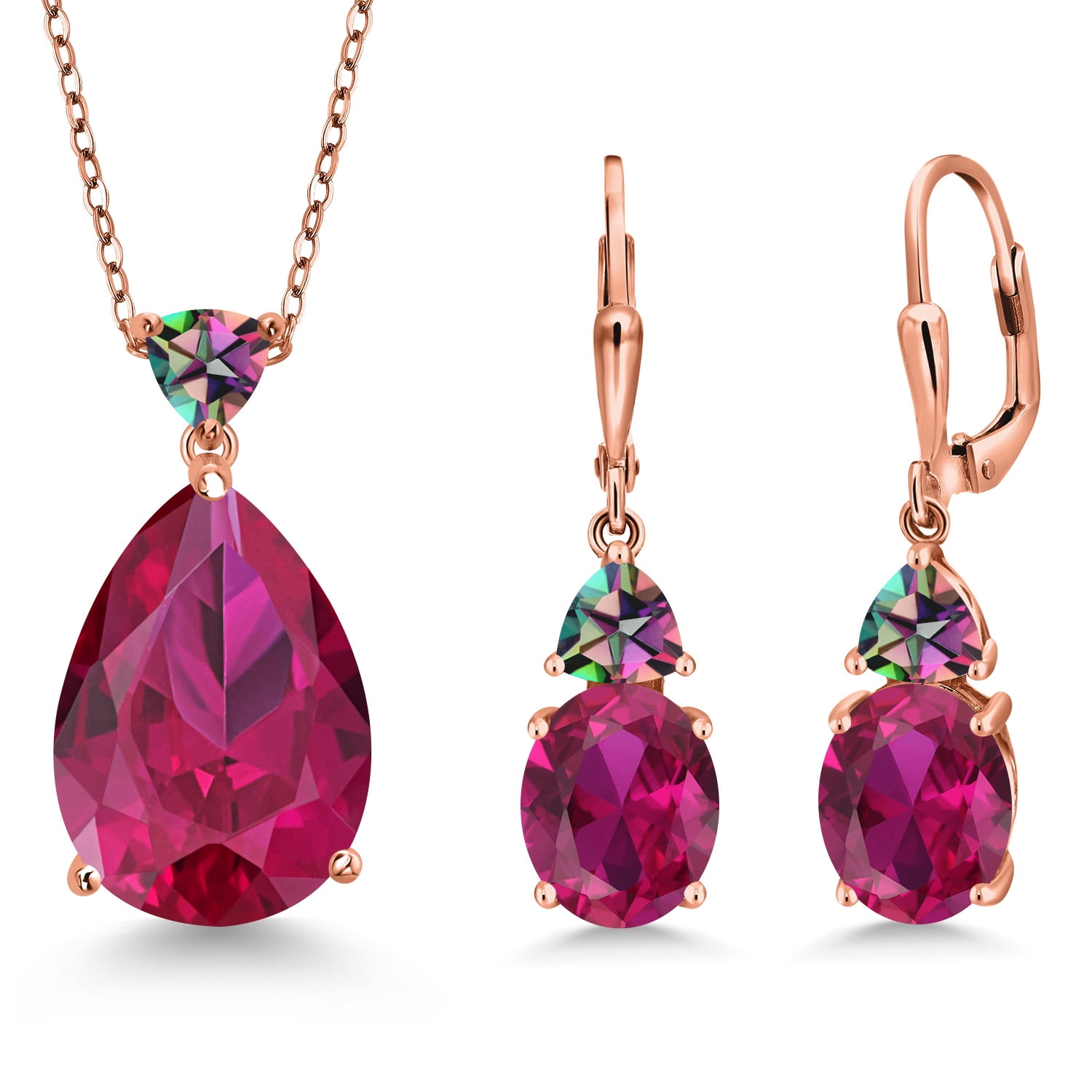 Gem Stone King 18K Rose Gold Plated Silver Red Created Ruby and Green Mystic Topaz Pendant Earrings Jewelry Set for Women (20.80 Cttw, Pear Shape 18X13MM, with 18 inch Chain)