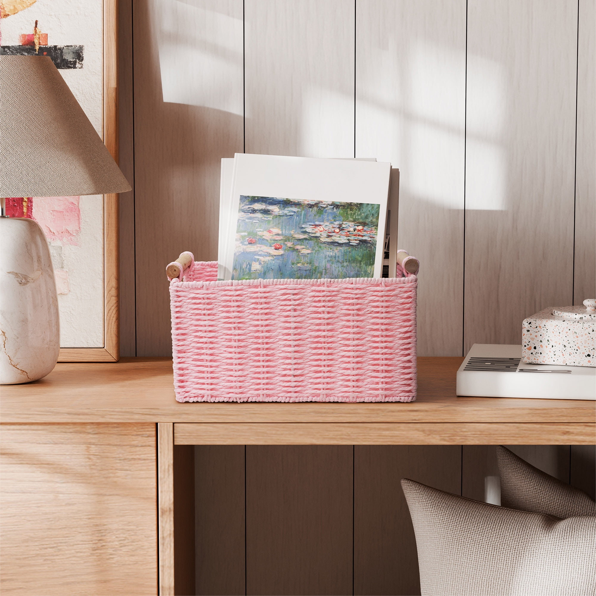 Panier de rangement décoratif rectangulaire en corde de papier tissée Zenna Home rose perle