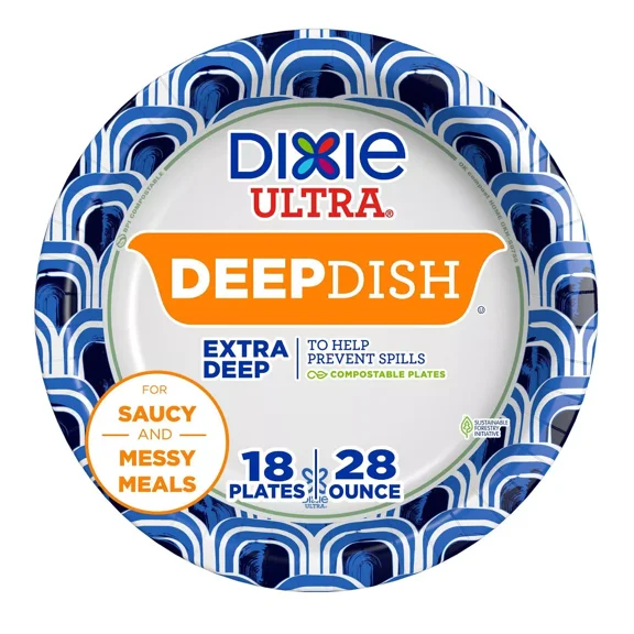 Ultra Deep Dish Disposable Paper Plates, 9", 18 Count