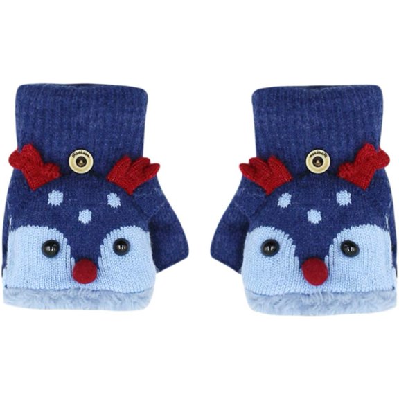 Kids Toddlers Cute Reindeer Fleece Lined Gloves Convertible Flip Top Fingerless Mittens for Boys Girls