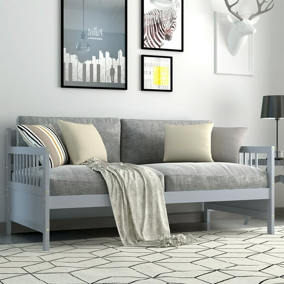 Gymax Twin Size Wooden Slats Daybed Frame Support Platform W/Rails Grey