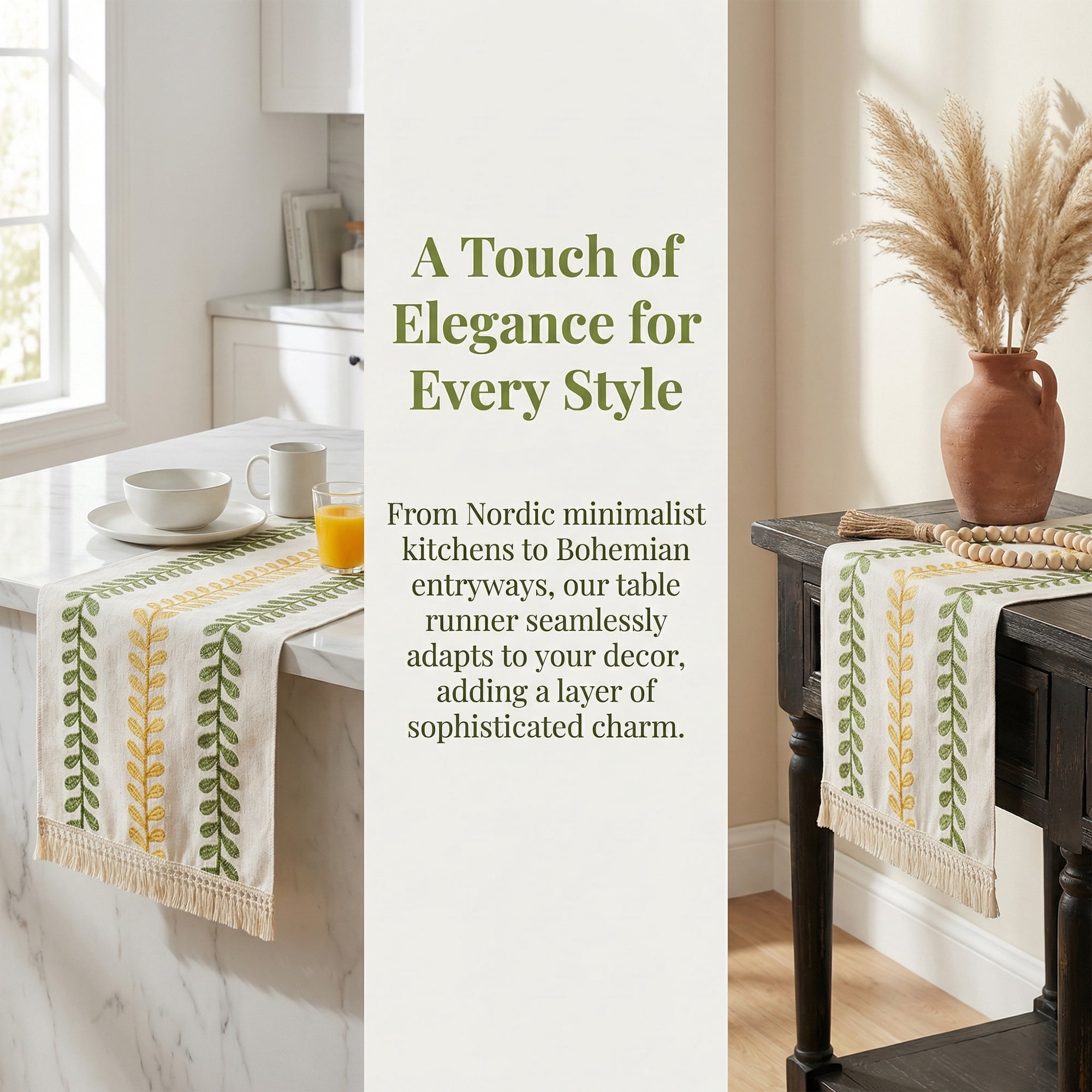 Unique Bargains Polyester Floral with Tassel Table Runner for Kitchen Green 15.4"x63"