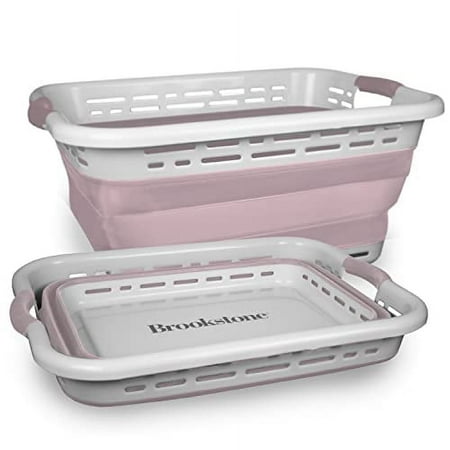 Brookstone 11 Gallon Collapsible Plastic Laundry Basket, Portable Pop-up Hamper, Foldable Storage Container, Washing Tub, Pink