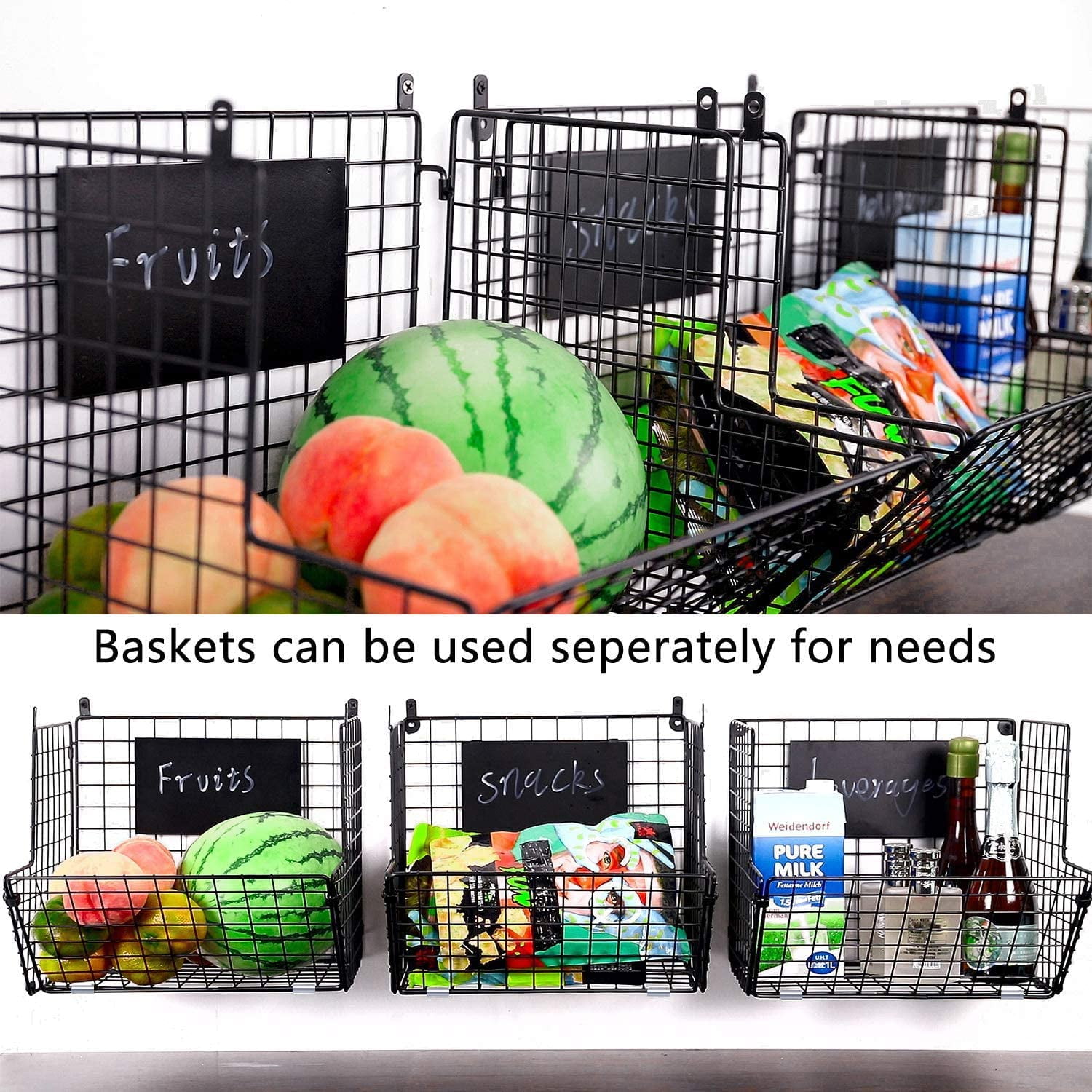 X-COSRACK 3-Tier Rolling Fruit Basket, All-Metal Stackable Produce Storage Cart, Wall Mounted Vegetable Organizer Bin, Black
