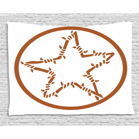 Texas Star Tapestry, Barbed Wire Style Star in a Circle Western Themed Monochrome Motif Borders, Wall Hanging for Bedroom Living Room Dorm Decor, 60W X 40L Inches, Brown and White, by Ambesonne