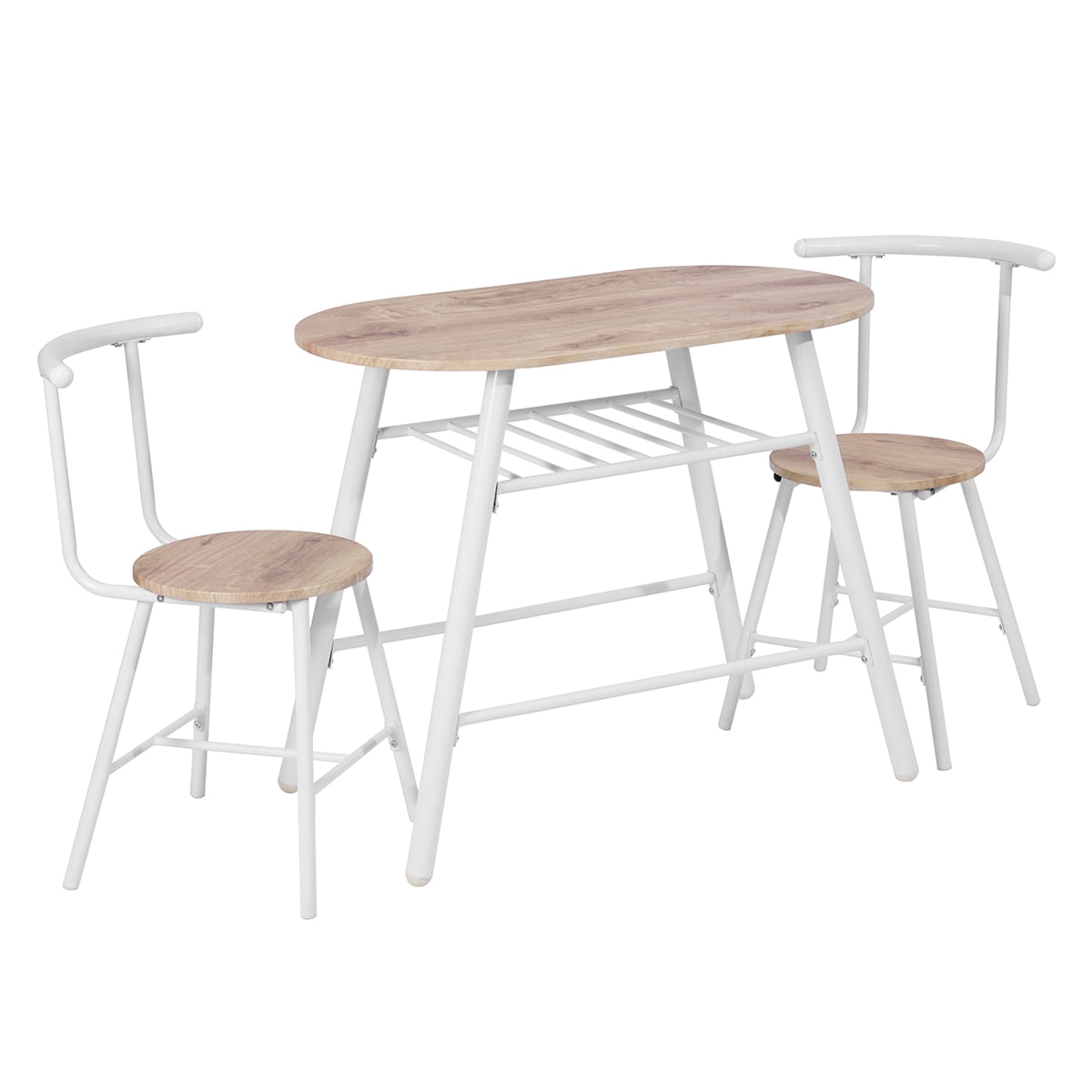 Private Jungle Dining Set Compact 2 Chairs and Table Set with Metal Frame and Shelf Storage Bistro Pub Breakfast Space Saving - oak & white Private Jungle Dining Set Compact 2 Chairs and Table Set with Metal Frame and Shelf Storage Bistro Pub Breakfast Space Saving - oak & white