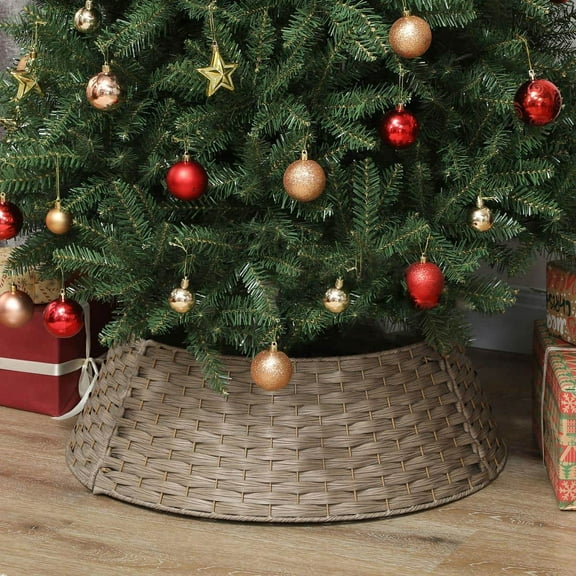 Yardi Yarda 27 inch Rustic Christmas Tree Skirt, Plastic Woven Christmas Tree Collar, Dark Brown