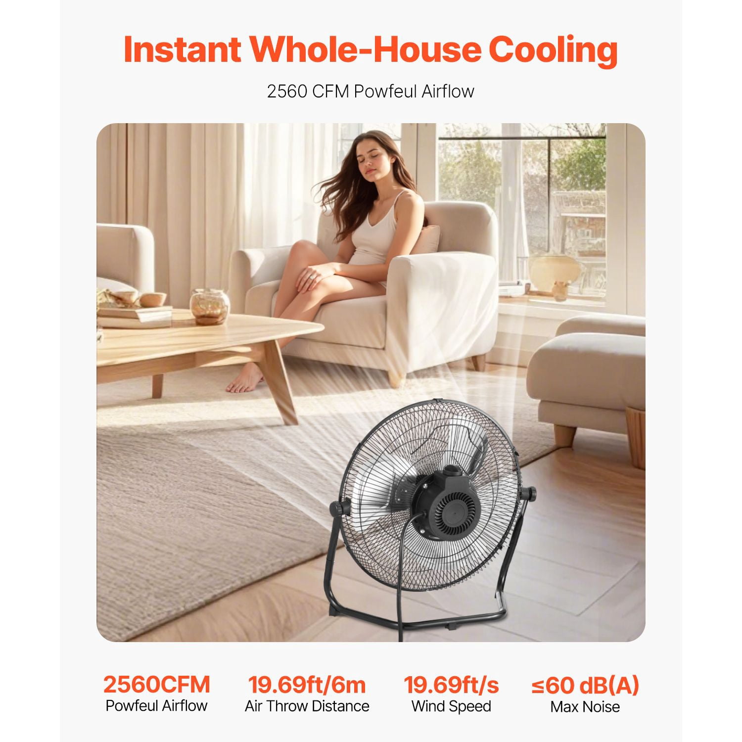 High Velocity Floor Fan 14" with 2560 CFM, 3-Speed Motor, 360° Adjustable Tilt, Metal Grill, 60dB Noise, for Industrial Commercial Home