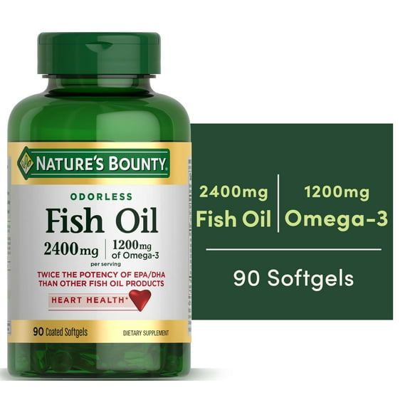 Nature's Bounty Fish Oil Softgels, Omega-3 600mg, Double Strength, 2400mg Fish Oil, 90 Ct