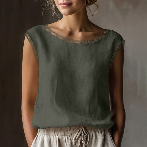 ClodeEU Women's Boat Neck Sleeveless Linen Tank Top, Casual Loose Fit Summer Blouse Army Green,Women's Plus L