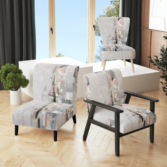 Designart "Mosaic Echoes in Pink and Grey I" Pink Cubism Upholstered Accent Chair - Modern Arm Chair For Bedroom